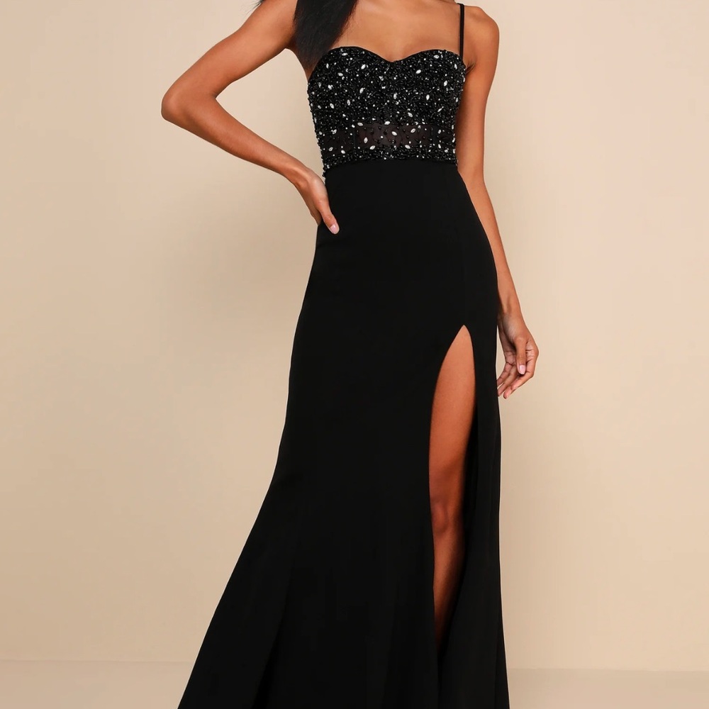 Luxe Allure Black Beaded Rhinestone Bustier Maxi Dress